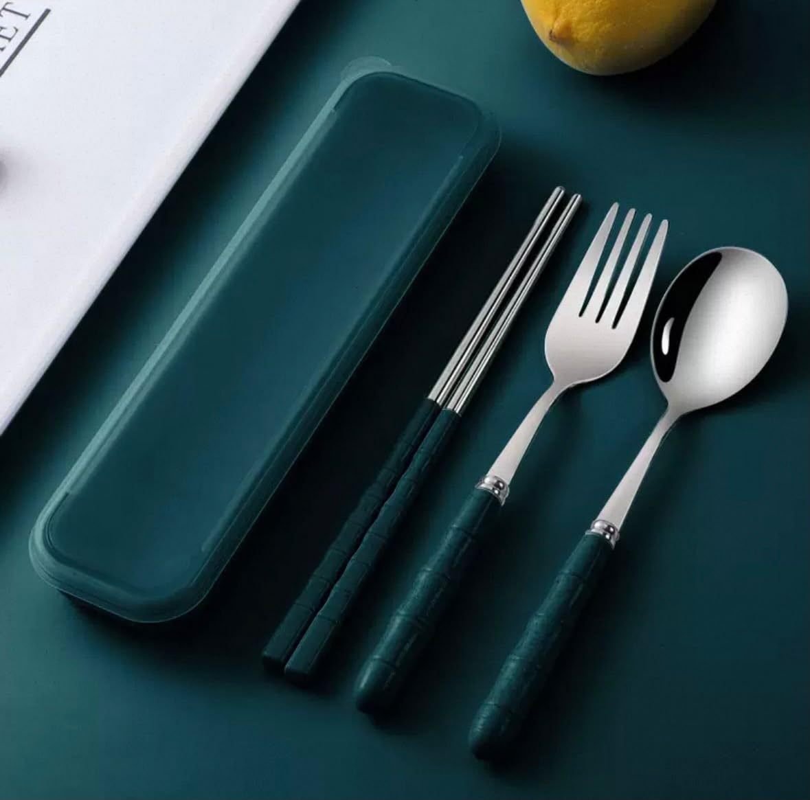 Home Cloud Premium Stainless Steel Cutlery Set of 3-Piece (Spoon, Fork, Chopsticks) Including Travel Spoon Box - Exquisite Portable Tableware for Customized Gifts (Blue)