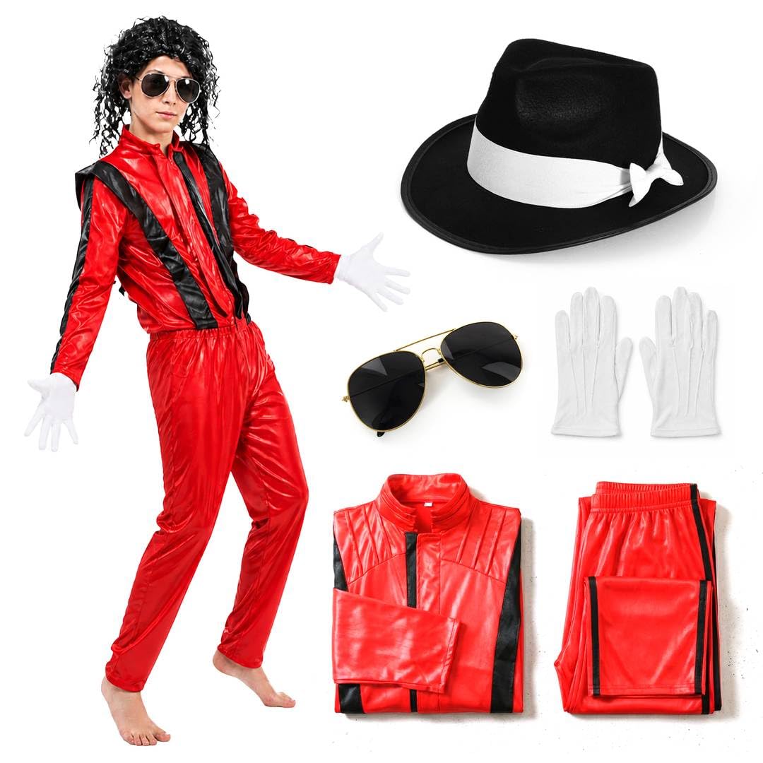 Zestaw kostiumowy dla dzieci w stylu gwiazdy pop w stylu lat 80. - kultowa czerwona kurtka i spodnie z kręconymi czarnymi okularami lotnika Fedora i białymi rękawiczkami - teledysk dla dzieci z lat 80
