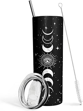 Goth Moon Tumbler with Lid and Straw, Moon Phase Gothic Decor, Black Vacuum Insulated Stainless Steel 20 Oz Witchy Tumbler Cup- Halloween Spooky Gifts for Women, Goth Witch Stuff Coffee Travel Mug
