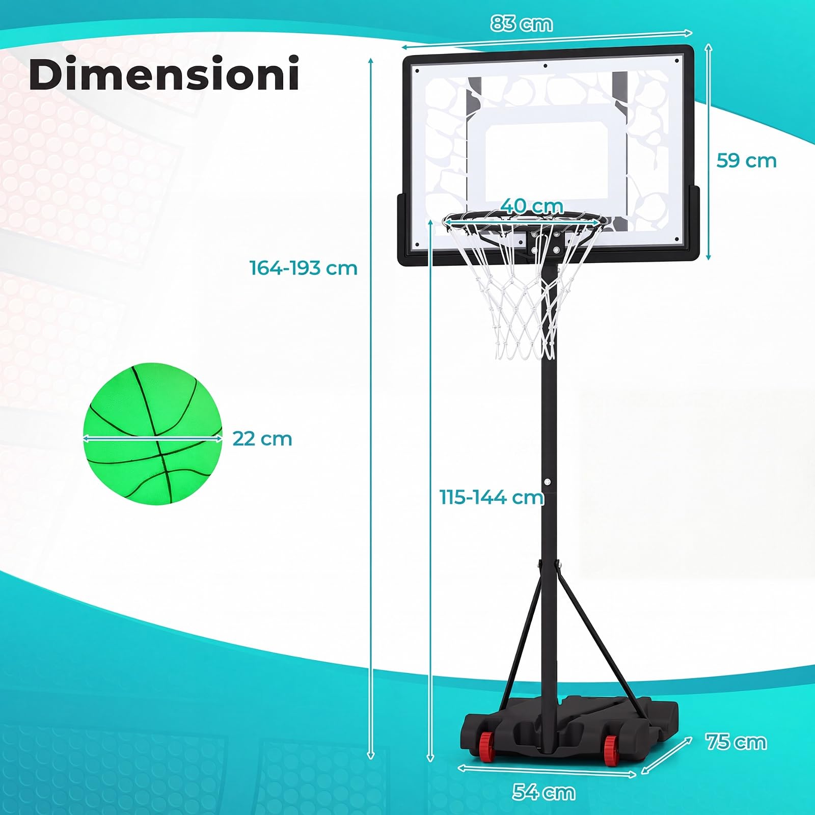 COSTWAY Canestro da Basket da Esterno, Canestro Pallacanestro da Piscina con Luci LED, Altezza Regolabile 115-144 cm, Palla, Ruote, Base Riempibile e Tabellone Infrangibile
