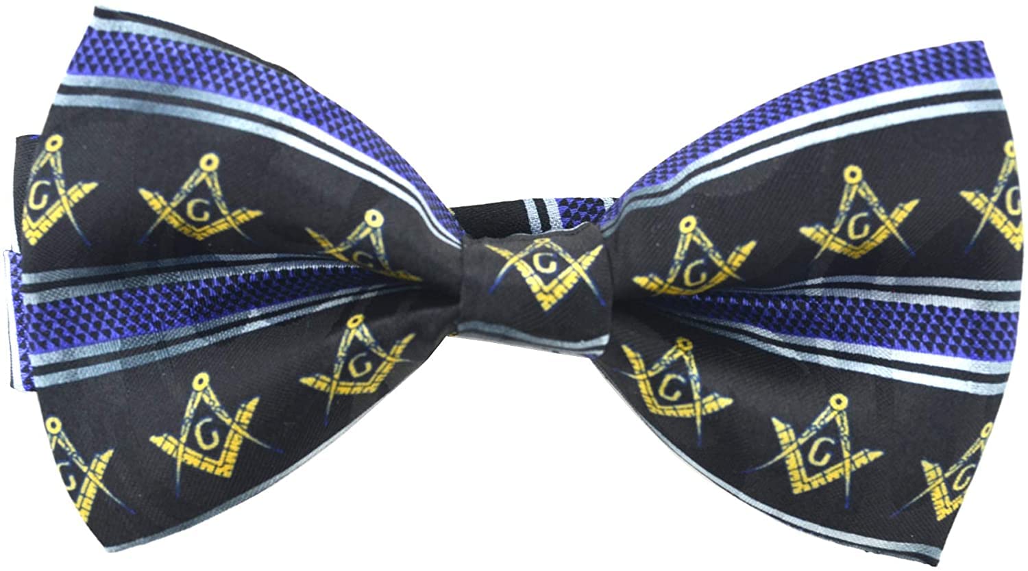 Masonic Bow Tie Neckwear - Black, Blue and Gold Freemason Tie w/ Compass & Square Striped Patterns. Pre-tied Front & Adjustable Back