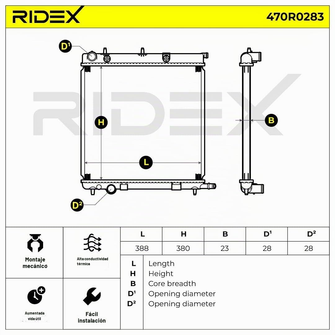 RIDEX 470R0283 Radiador refrigeración del motor Compatible con CITROËN C3 II SC Gasolina