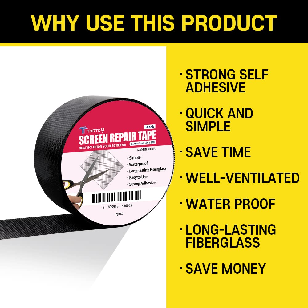 TORTO9 Window Screen Repair Kit, 3-Layer Strong Adhesive & Waterproof Tape Fiberglass Covering mesh (Black, 2 Inch x 15 FT)