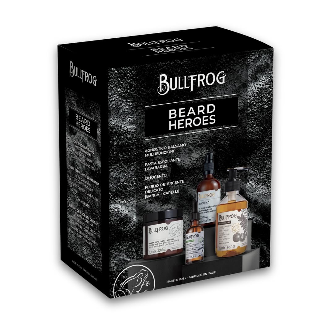 Bullfrog - Kit Beard Heroes, Agnostico Balsamo Multifunzione Originale 100ml, Pasta Esfoliante Lavabarba 100ml, Oliocento 50ml, Fluido Detergente Delicato 250ml