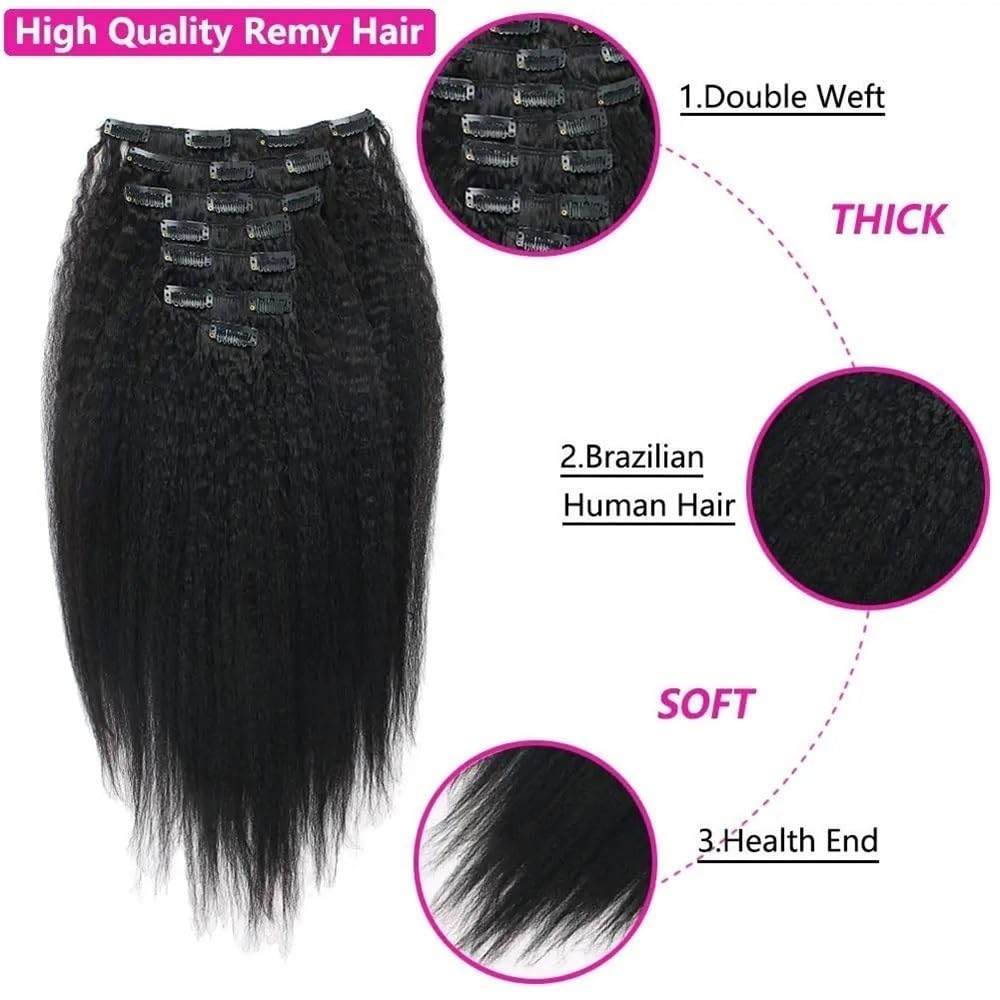 Kinky Straight Clip in Hair Extensions dla kobiet, 8 sztuk, 120 g/zestaw, brazylijskie ludzkie włosy Remy, ludzkie Yaki, naturalny czarny, 40-66 cm (56 cm)