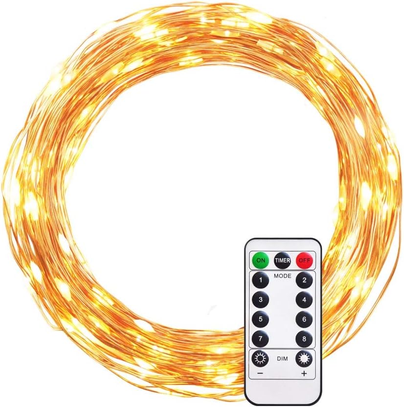Ulwae String Light Warm White, 100 LEDs in 33ft Copper Wire, Dimmable with Remote Control for Christmas, Birthday, Wedding Parties