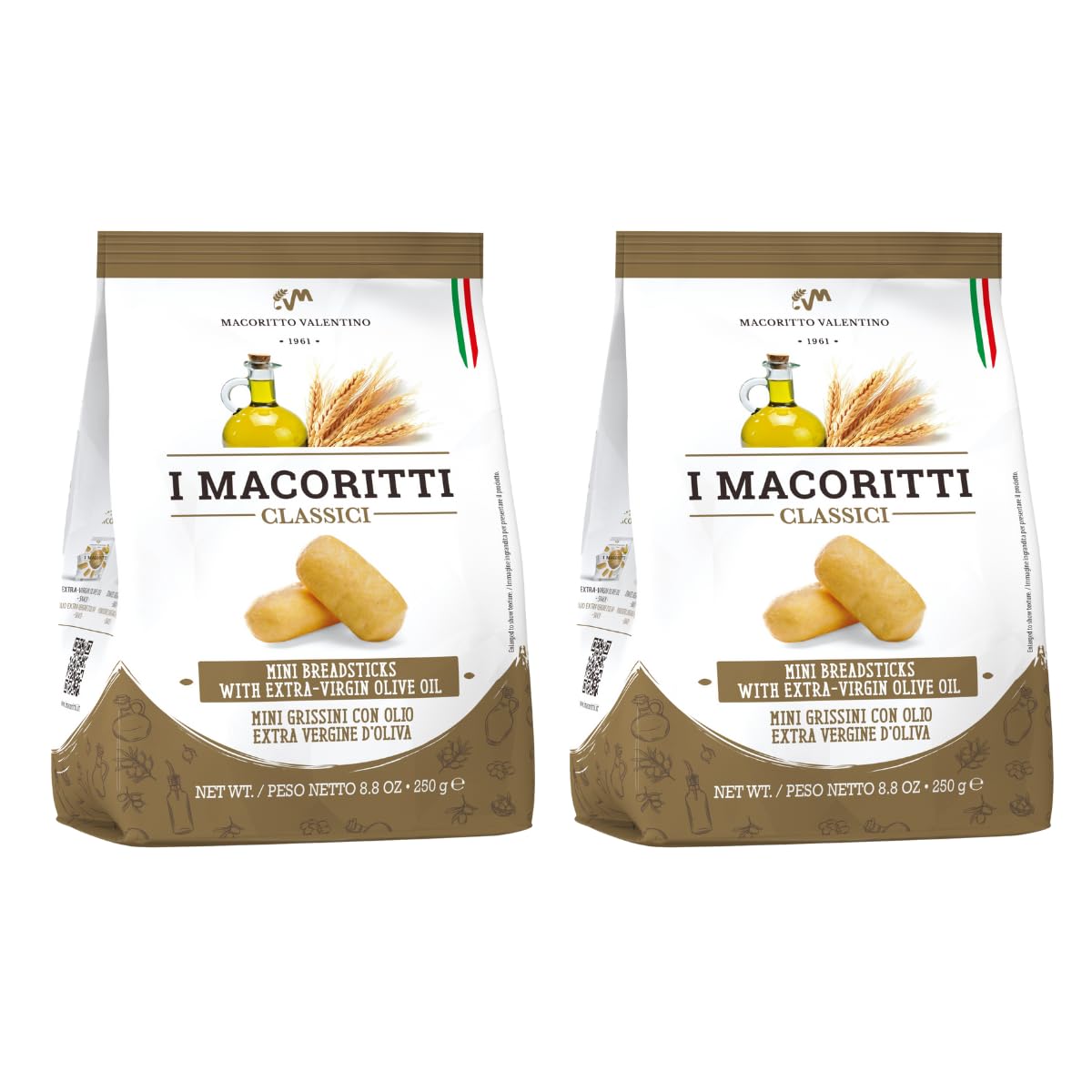 I Macoritti Classici Mini Breadsticks with Extra Virgin Olive Oil, Made in Italy, Zero Sugar, No Artificial Flavors, Non-GMO, Preserve Free- 8.8 oz, Pack of 2