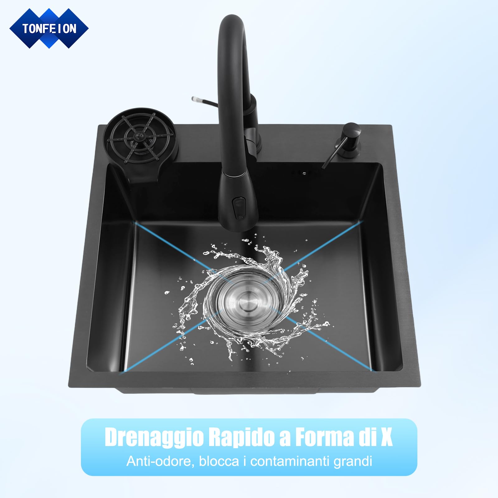 Lavello da incasso in acciaio inox, 50 x 45 cm, colore nero, con rubinetto estraibile + risciacquo + cestello di scarico + dispenser di sapone, lavello da cucina, 1 bacino per un uso facile