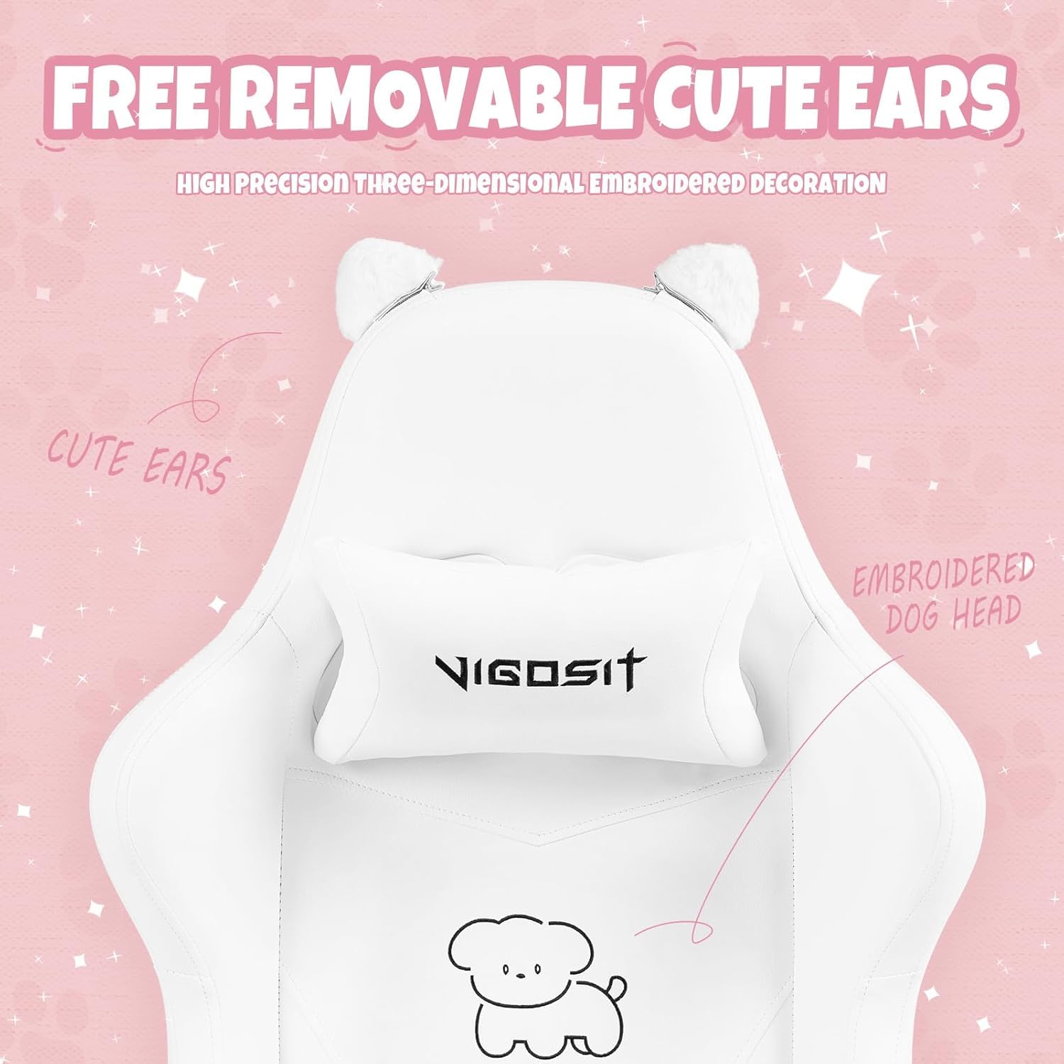 Vigosit Gaming Stuhl Niedlich mit Ohren und Kawaii Kissen, Ergonomische Computer-Spiel-Stuhl für Mädchen mit Lendenwirbelstütze und Fußstütze, Bequeme zurücklehnen PC Gamer Stuhl für Teenager (White)