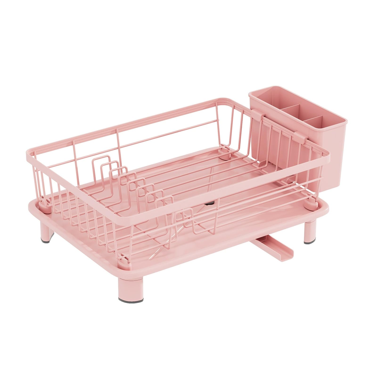 Pink Dish Drying Rack with Cutlery Holder Drainboard, Rotating Drainboard