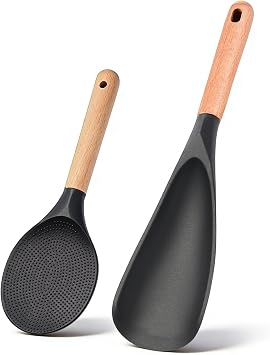 Cooking Spoon 2-Pack Multi-Function Wood Handle Silicone Spatula Spoon & Rice Scooper for Nonstick Cookware - BPA-Free Heat-Resistant Kitchen Utensils Set for Mixing, Serving, Scooping, Scraping