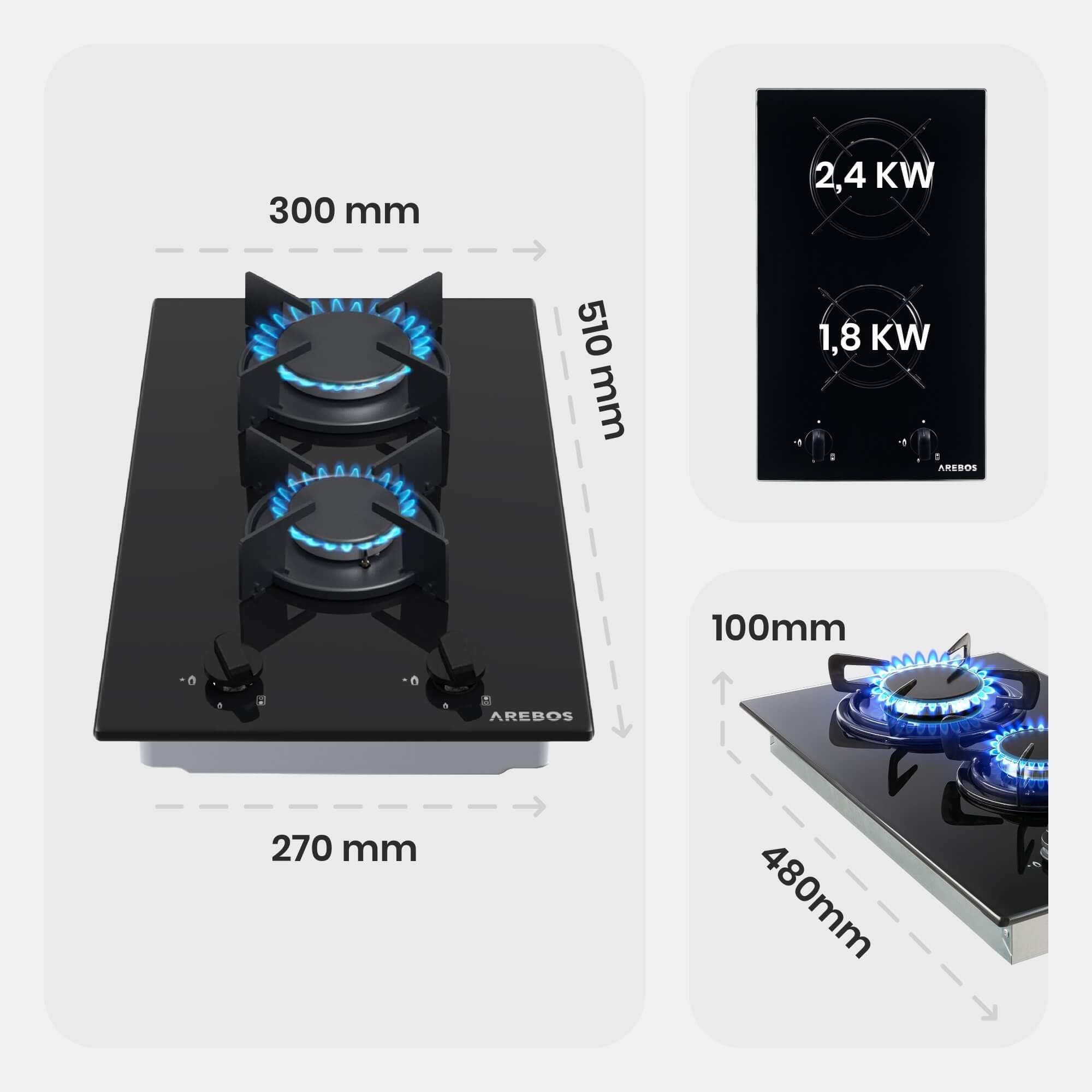 Arebos Plaque de cuisson à gaz 30 cm 2 brûleurs | Verre trempé | Encastrable avec supports en fonte | Compatible gaz naturel et propane | Sécurité d’allumage intégrée