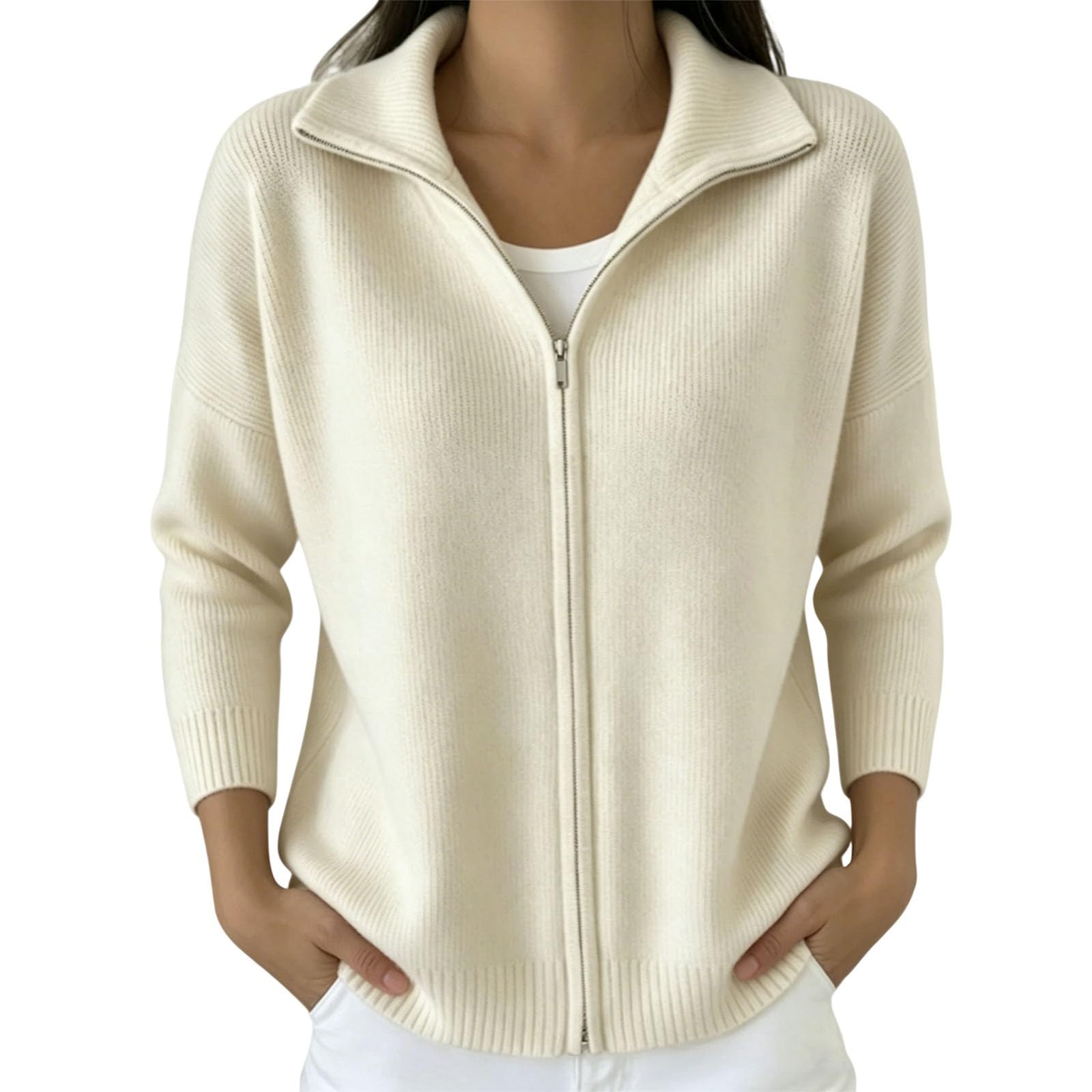 Generico Cárdigan Mujer Camiseta con Cremallera Cuello Coreano Manga Larga | Chaqueta de punto liso Ropa Primavera Otoño Estilo Casual Suéter Elegante Ajuste Cómodo