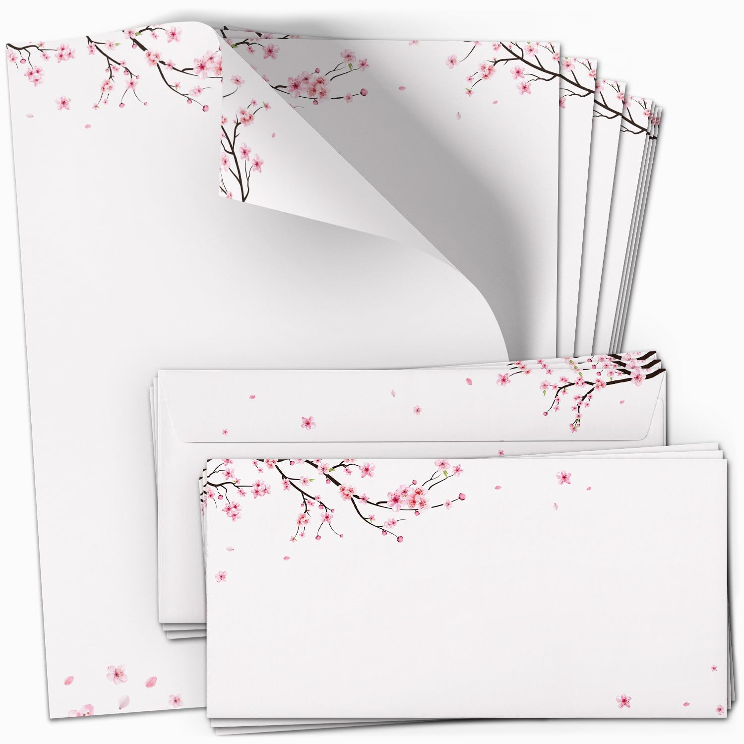 10 Briefpapier und Briefumschlag Set | Kirschblüte rosa | Papier und Umschlag mit Design-Motiv bedruckt | 90 g/m²