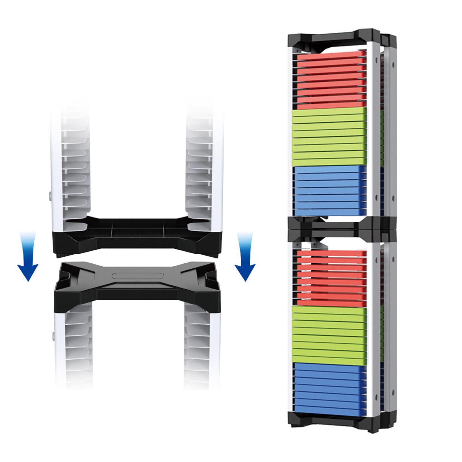 SunshineFace Torre de Almacenamiento para PS5/PS4/PS3/Xbox Con 2 Ganchos para Auriculares Gamepad, Almacena Hasta 23 Fundas de Disco, Blanco y Negro