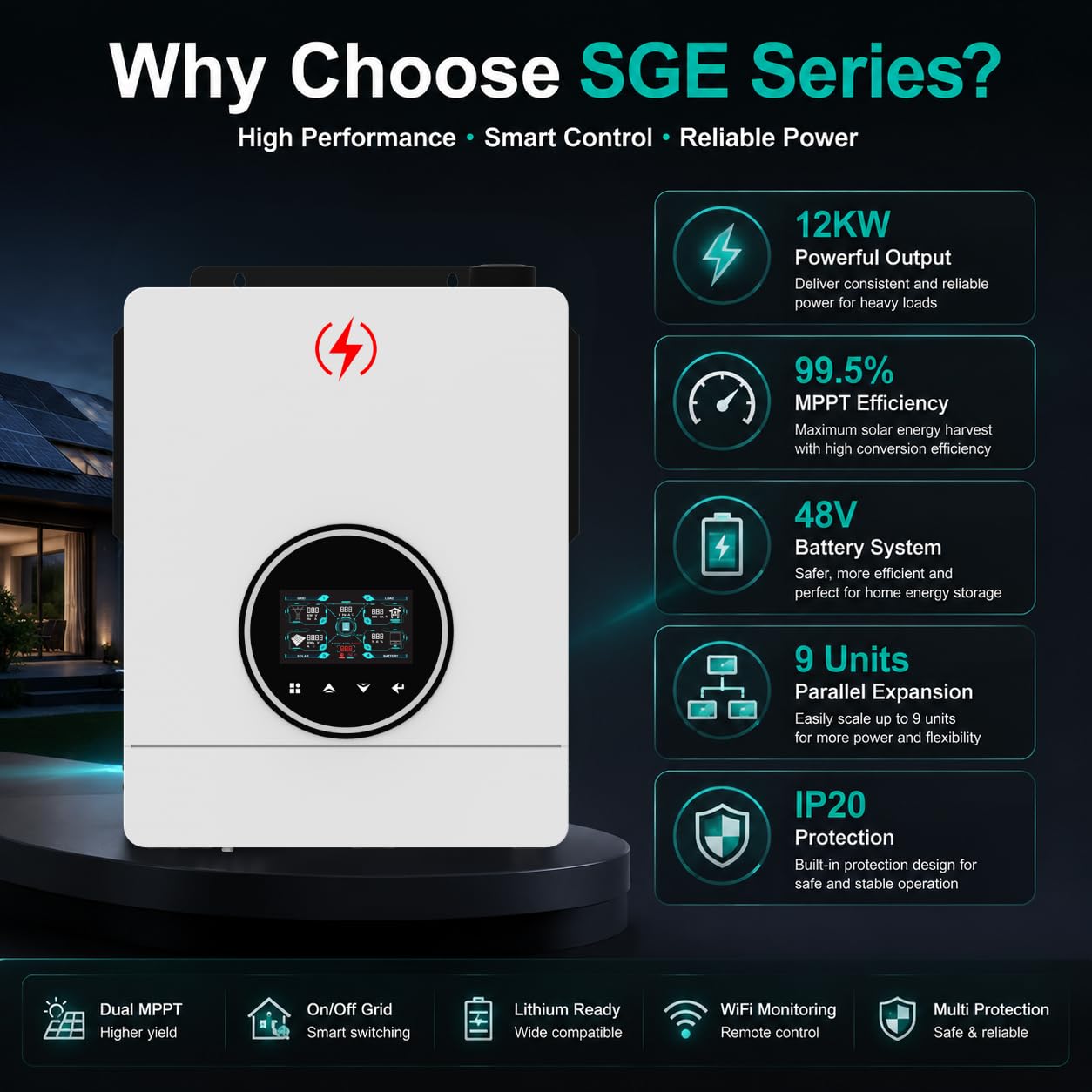 SGE 6,5KW Inversor Solar Híbrido Monofásico 48V Doble MPPT 8,5KW PV Compatible Batería Funcionamiento sin Batería Paralela Hasta 9 Unidades