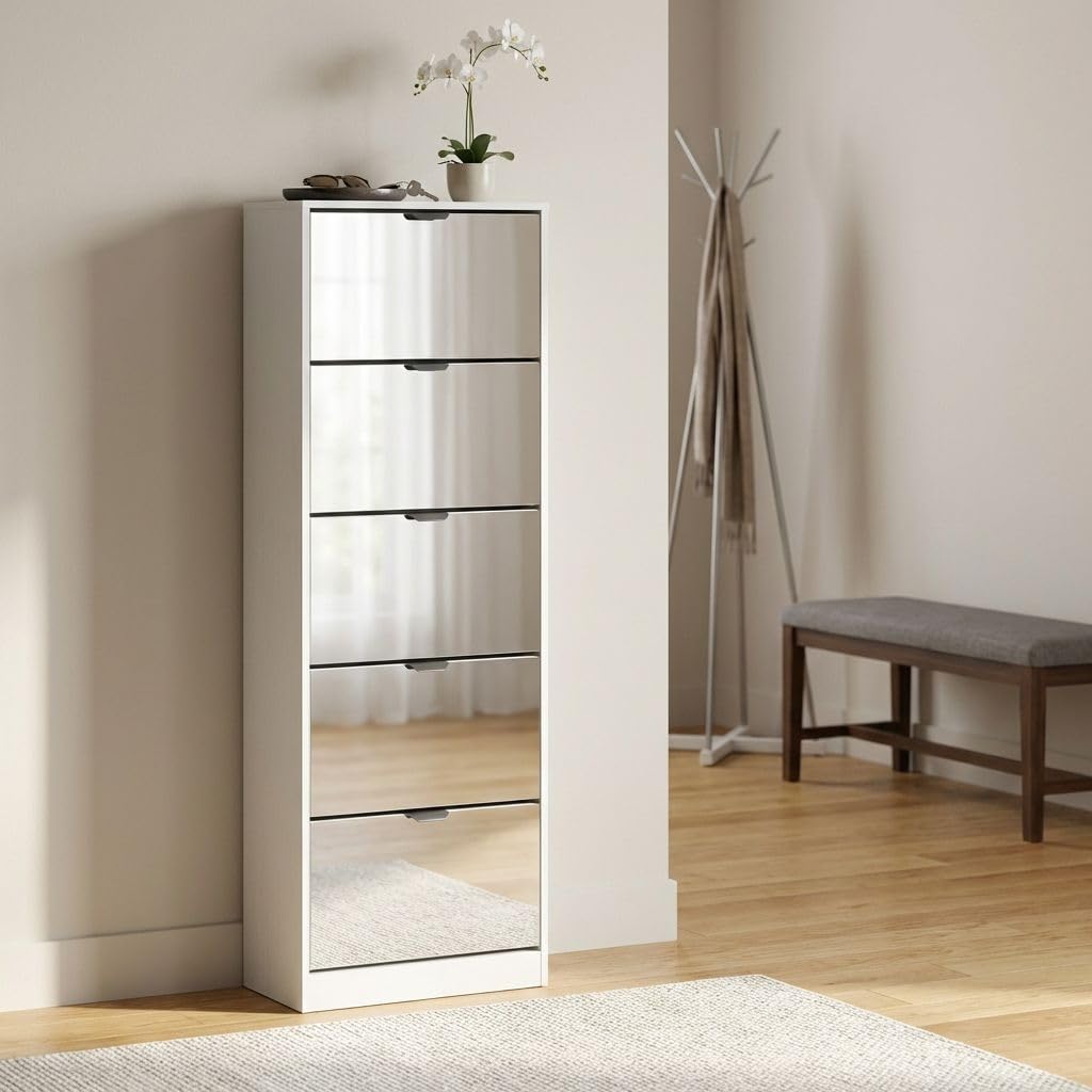 milani home - scarpiera salvaspazio 5 ante con specchio, bianco, 24 x 60 x 180 cm, truciolare bilaminato e vetro
