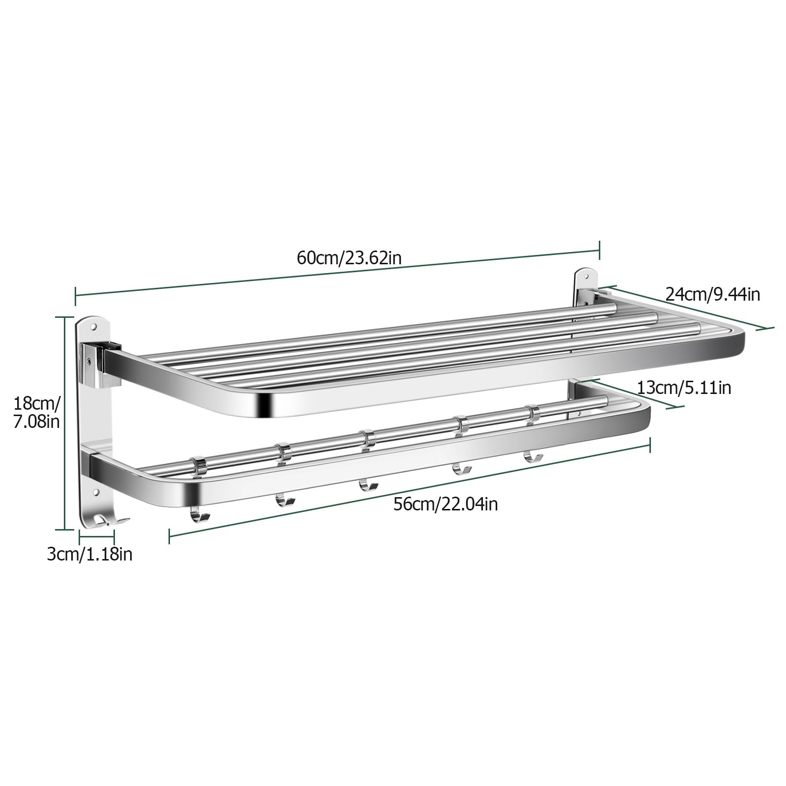 Sayayo Porta Asciugamani Bagno Pieghevole Doppio - Acciaio Inox 304, 60 Cm, Da Parete, Risparmio Spazio, Per Bagno E Cucina, Argento - 3