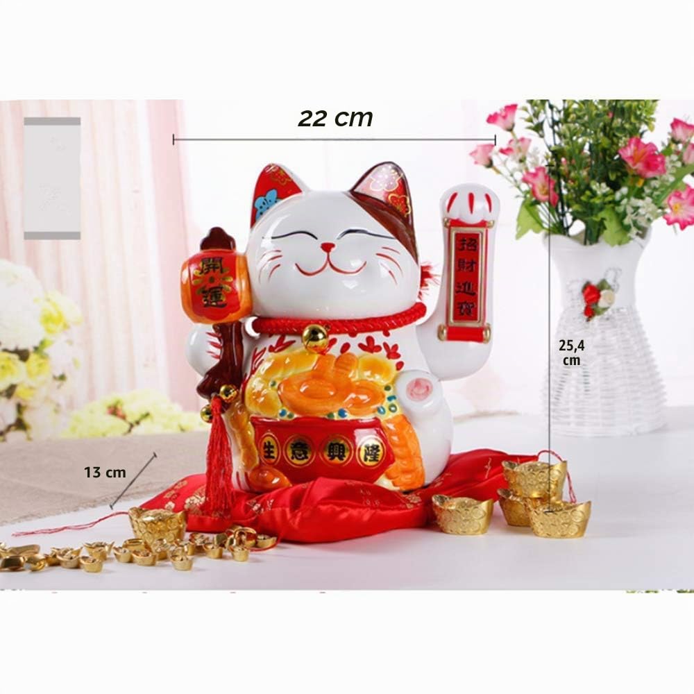 Gato de la Suerte de la Fortuna con Brazo agitador de Oro Chino Feng Shui Deoration Lucky Cat para Tiendas, restaurantes, Sala de Estar 25cm
