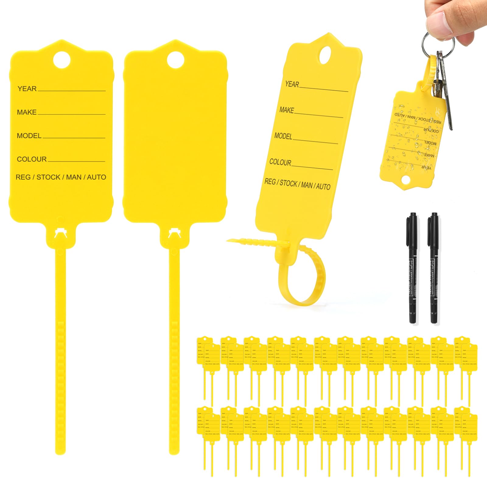200 PCS Yellow Vehicle Plastic Key Tags Waterproof Car Key Identification Tags with 2 Markers for Caravan Van Garage