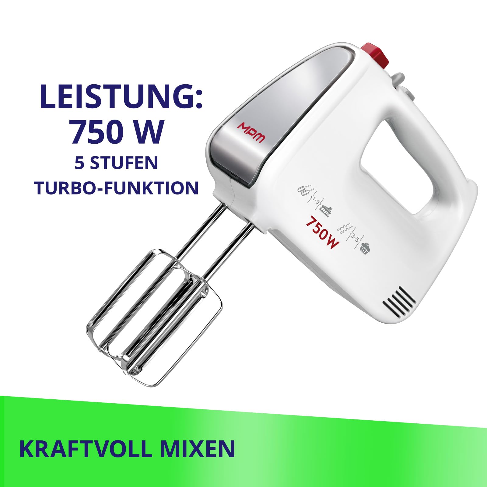 MPM - MMR-19 - Batidora de mano - Batidora de mano - 750 vatios - Con batidor para masa de galletas y gancho para amasar masa de levadura/pan - Con 5 velocidades y nivel turbo - Eléctrico (blanco)
