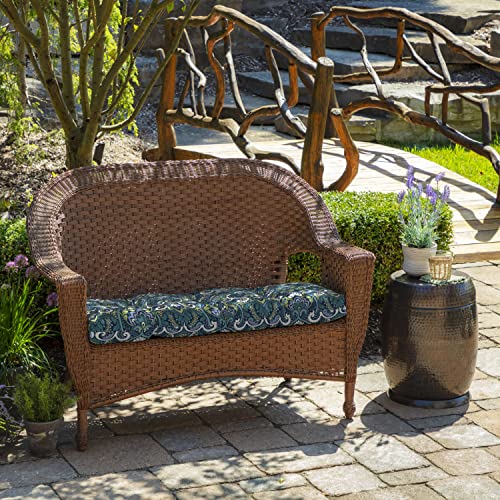 Image of Arden Outdoor Wicker Settee Cushion, 41.5 x 18, Rain-Proof, Fade Resistant Sapphire Aurora Blue Damask