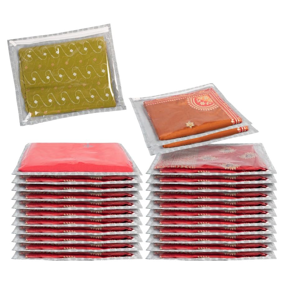HomeStrap Non-Woven Set Of 25 Printed Single Saree Cover/Clothes Storage Bags/Wardrobe Organiser With Transparent Top(Grey)(Featured On Shark Tank),Non-Woven,47.2 Cm,7.5 Cm