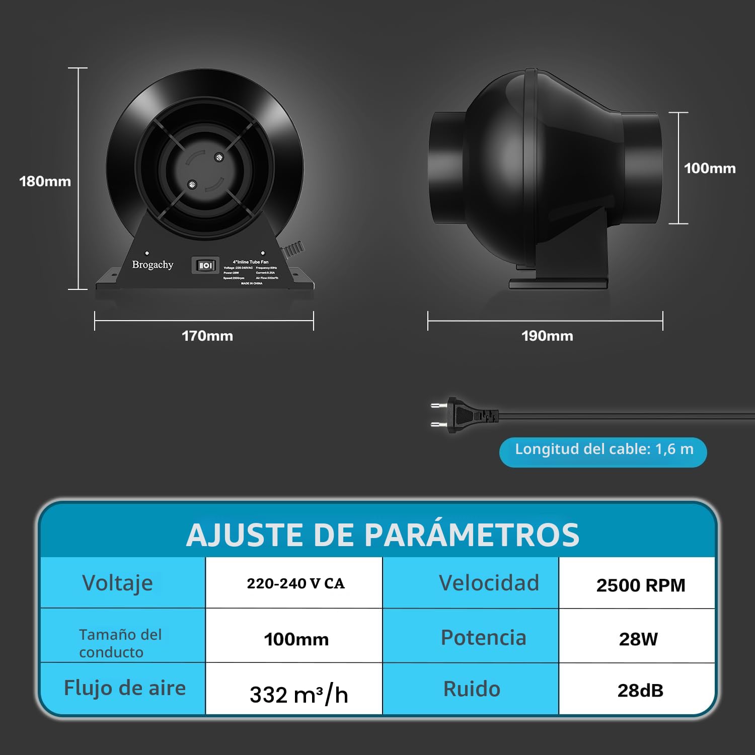 Ventilador de Aspiración 100mm, Ventilador de Extracción 322 m³/h Ventilador de Escape, Extractor de Aire para Bodega, Garaje, Cocina, Baño, Tendas de Cultivo, Ventilación y Ventilador