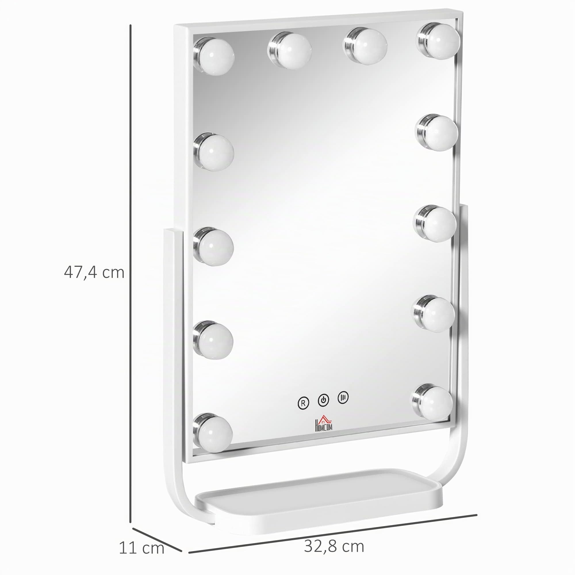 HOMCOM Espejo de Maquillaje con Luz 12 LED 32,8x11x47,4 cm Blanco | Espejo Hollywood de Mesa, 3 Modos, Luz Ajustable, Pantalla Táctil, Función de Memoria, Dormitorio, Baño