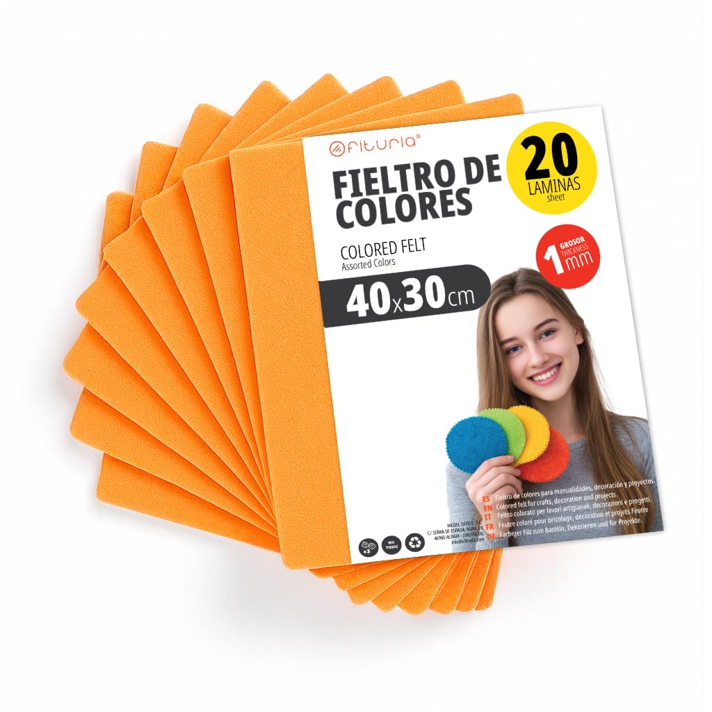 OFITURIA Bastelfilz für DIY-Projekte, Bunte Filzstoffe für Patchwork, Nähen, Schule, Kunst und Dekoration 40x30cm (Orange, 20 Stk)