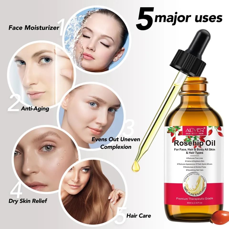 Rosehip Oil for Face Hair and Body, Organic Cold Pressed, Natural, Hydrating - Image 2