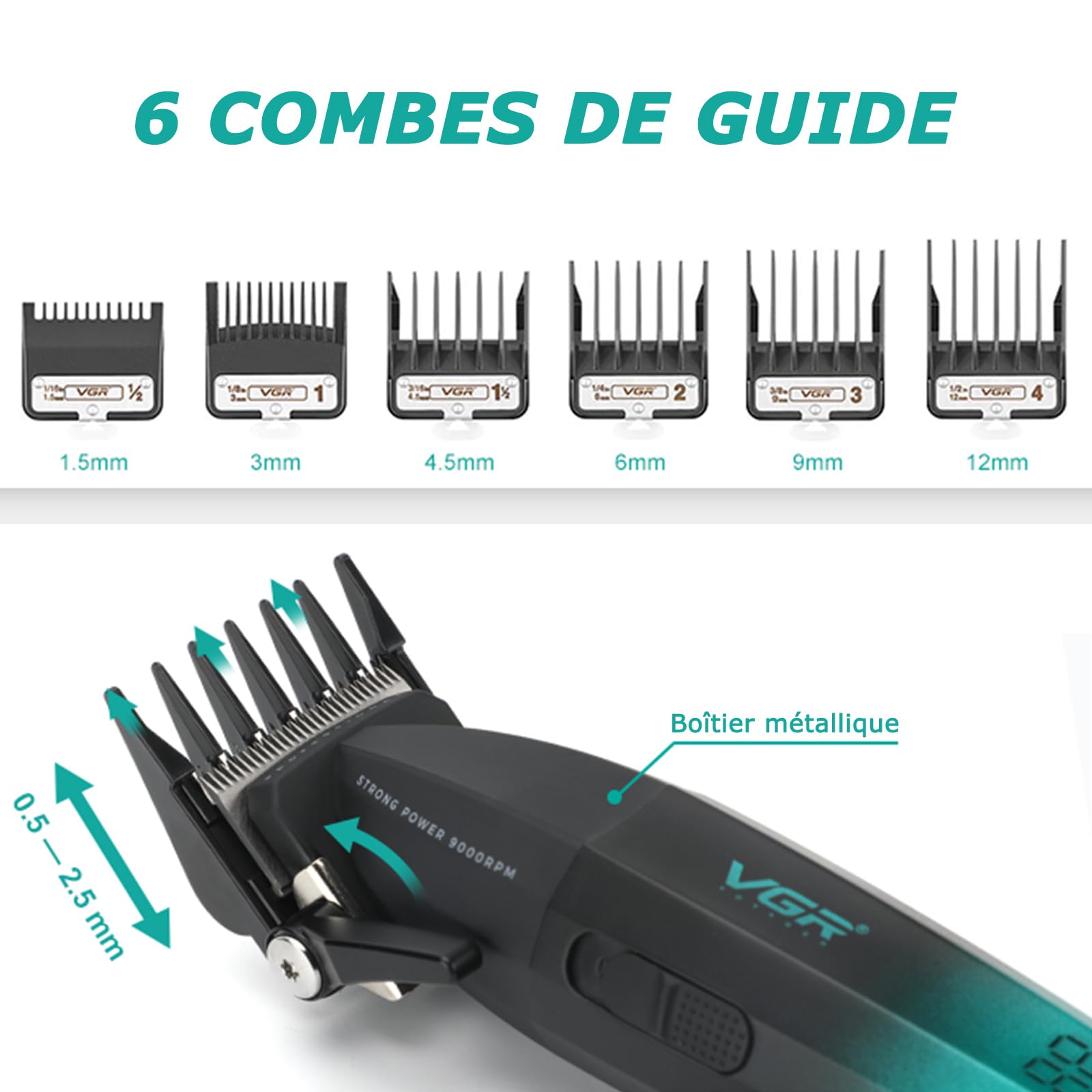 VGR 003 Fresh Fade Tondeuse Cheveux Hommes Professionnel, Boîtier Métallique et Moteur Puissant à 9000 TR/MIN, Tondeuse à Cheveux Sans Fil, Lames en Céramique, Affichage LED, Recharge USB, Vert