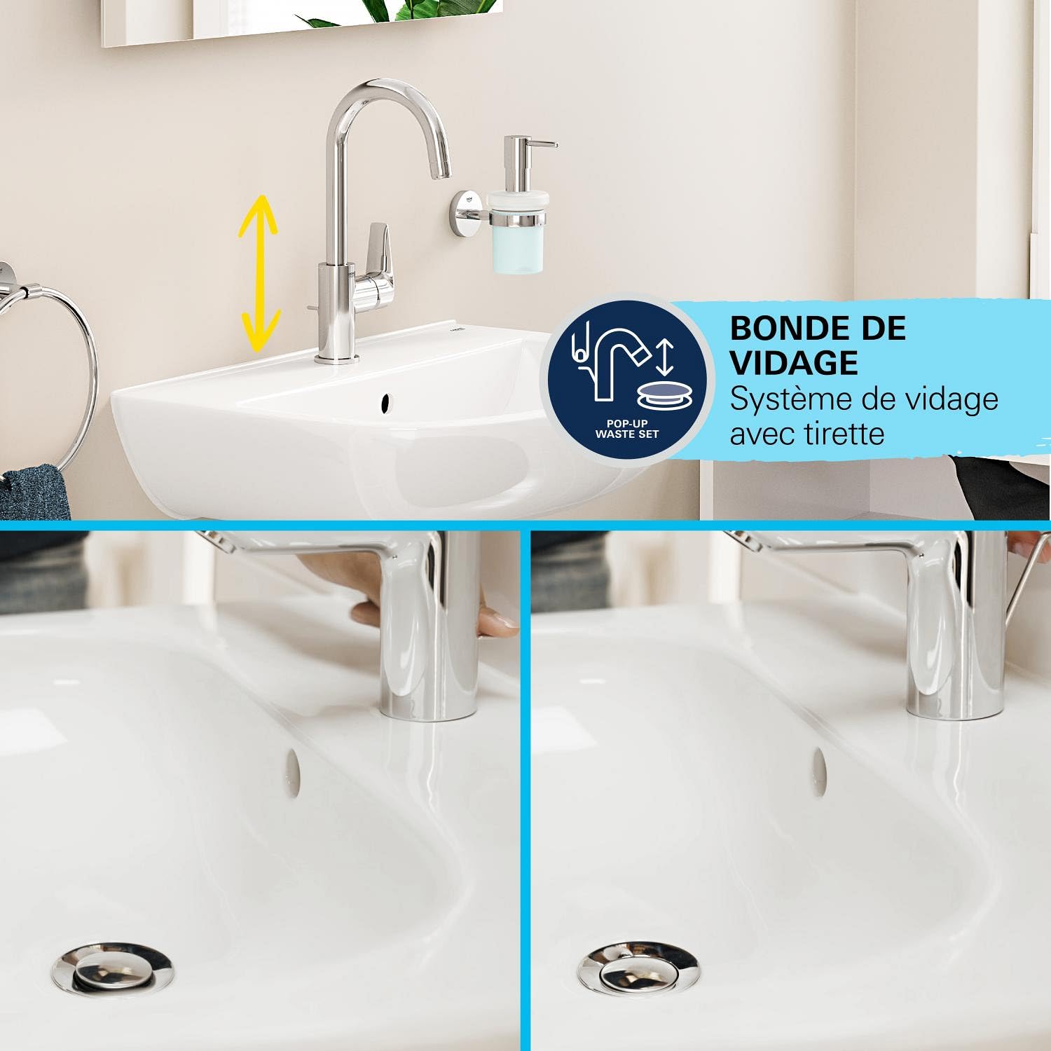 GROHE Robinet lavabo de salle de bains Start Edge, mitigeur monocommande avec tirette de vidage, mousseur économique d'eau, chromé, 24201001 (Import Allemagne)