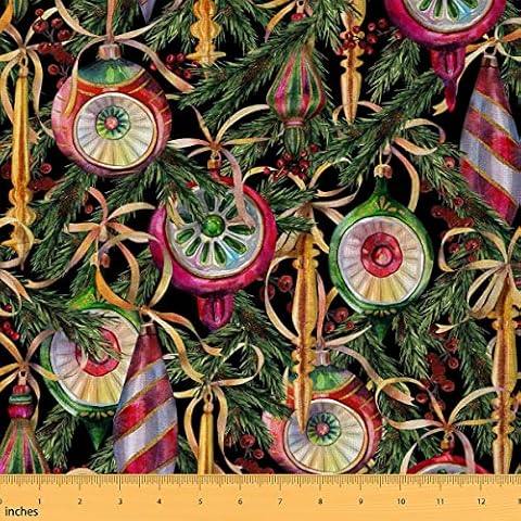 Merry Christmas Fabric by The Yard Xmas Tree Palm Leaf Rustic Plants Fabric for Upholstery and Home DIY Projects Jingle Bell Colorful Geometry Fabric for Chairs Curtains Lamp Shade,1 Yard Cover