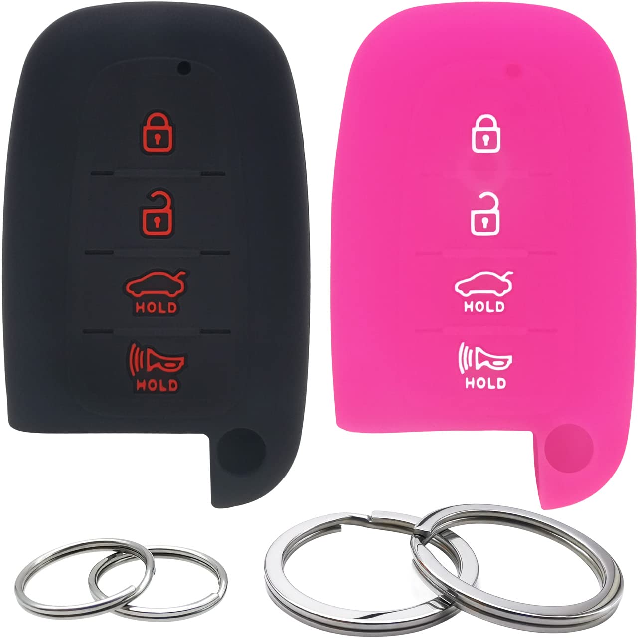 2Pcs Silicone 4Btn Key Fob Cover Remote Case Keyless Protector Compatible with Hyundai Sonata Elantra GT Genesis Coupe Veloster Tucson Kia Borrego Forte Optima Rio Sorento Soul Sportage Black&HotPink