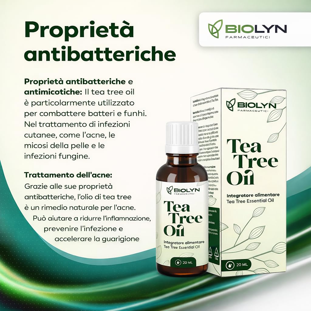 BIOLYN Tea Tree Oil 20ml – Olio Essenziale Puro di Melaleuca – Naturale al 100% – Ideale per Pelle, Capelli e Aromaterapia – Made in Italy – Qualità Farmaceutica