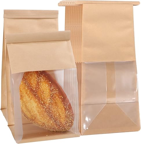 WOPPLXY 100 bolsas de panadería con ventana, 5.11 x 11 x 4.33 pulgadas, papel de estaño marrón de estaño con bloqueo de corbata, bolsas para ventana