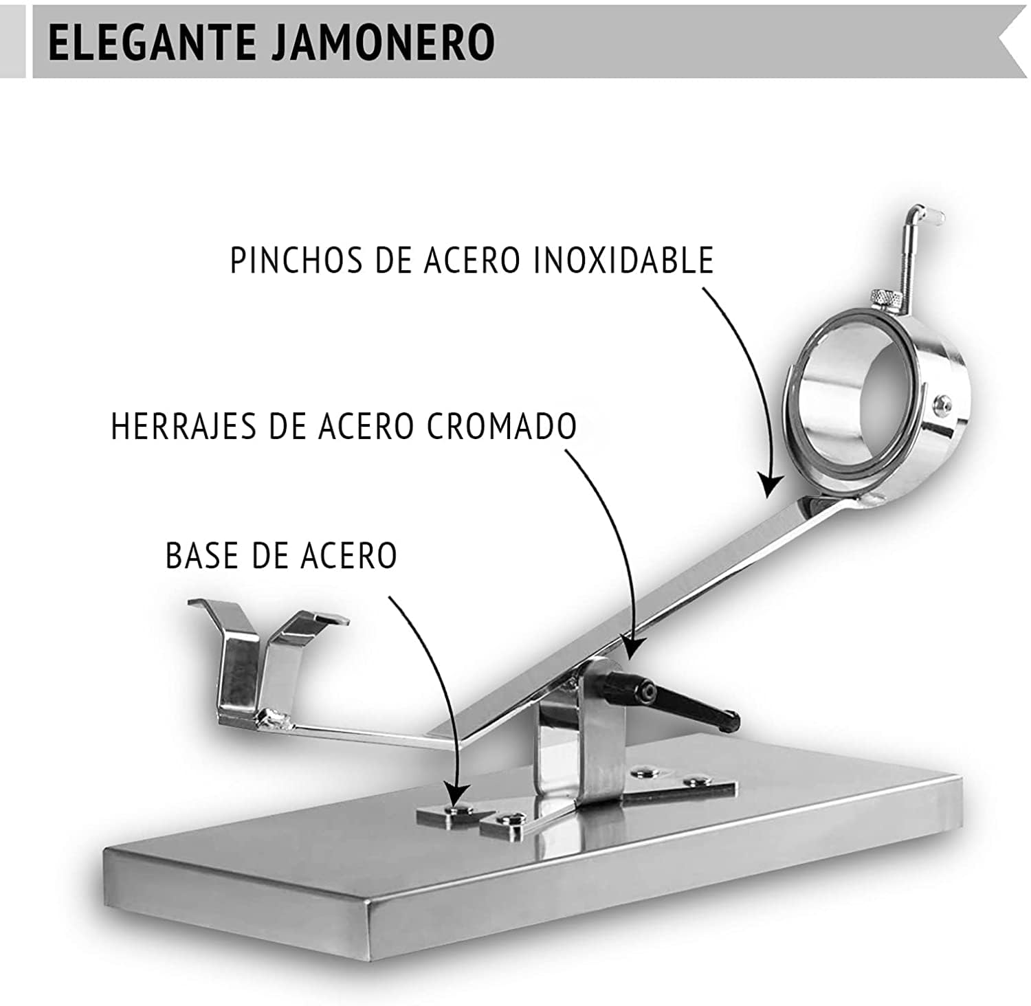BRICOMIRAS JAMONERO BASCULANTE GIRATORIO CON BASE INOXIDABLE. SOPORTE JAMONERO IDEAL USO DOMÉSTICO Y PROFESIONAL (Inoxidable solo)