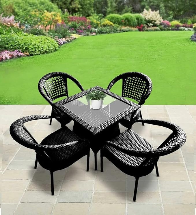 Image of PRATHAM India 5 Piece Outdoor Indoor Patio Furniture Sets Chair Patio Wicker for Living & Dining & Garden Lawn Balcony Office Cafe & Restaurant Garden Chair Furniture with Glass Table