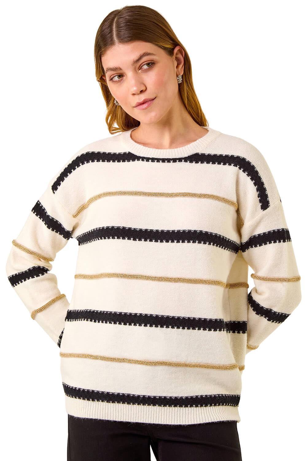 Roman Women Stripe Print Jumper Ladies Winter Autumn Knit Knitted Sweater Embroidered Knitwear Casual Smart Round Crew Neck Pull Over Everyday Going Out Party - Ivory Beige - Size L