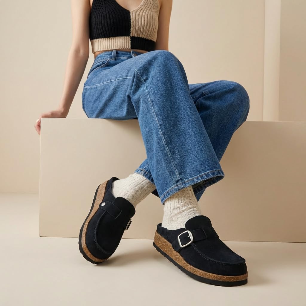 CUSHIONAIRE Hobby Genuine Leather Suede Mule Clogs for Women with Buckle Strap and Cork Footbed, Supportive All-Day Comfort in Womens Shoes - Image 2