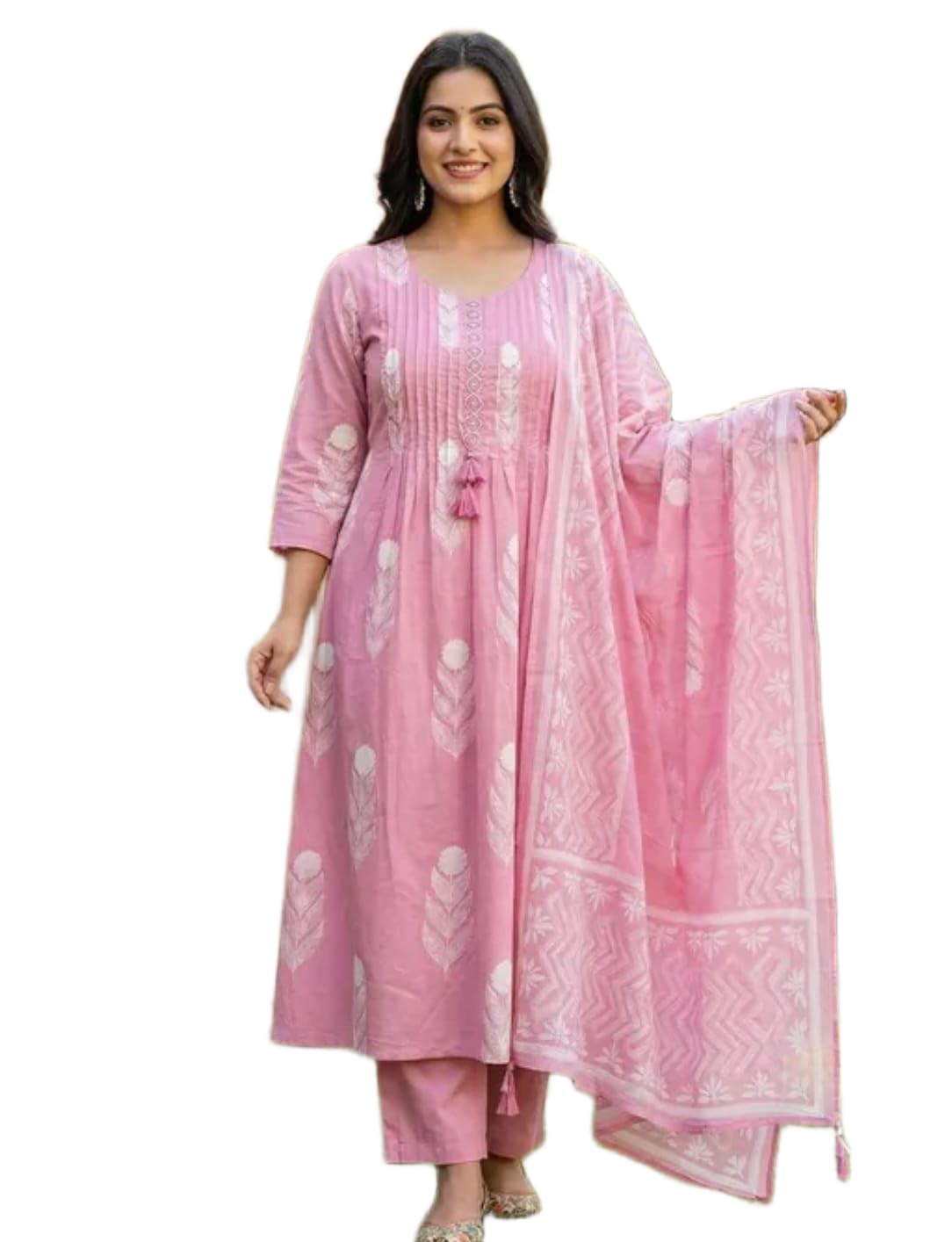 Women's Cotton Printed Anarkali Kurta and Pant with Dupatta Set-image-46