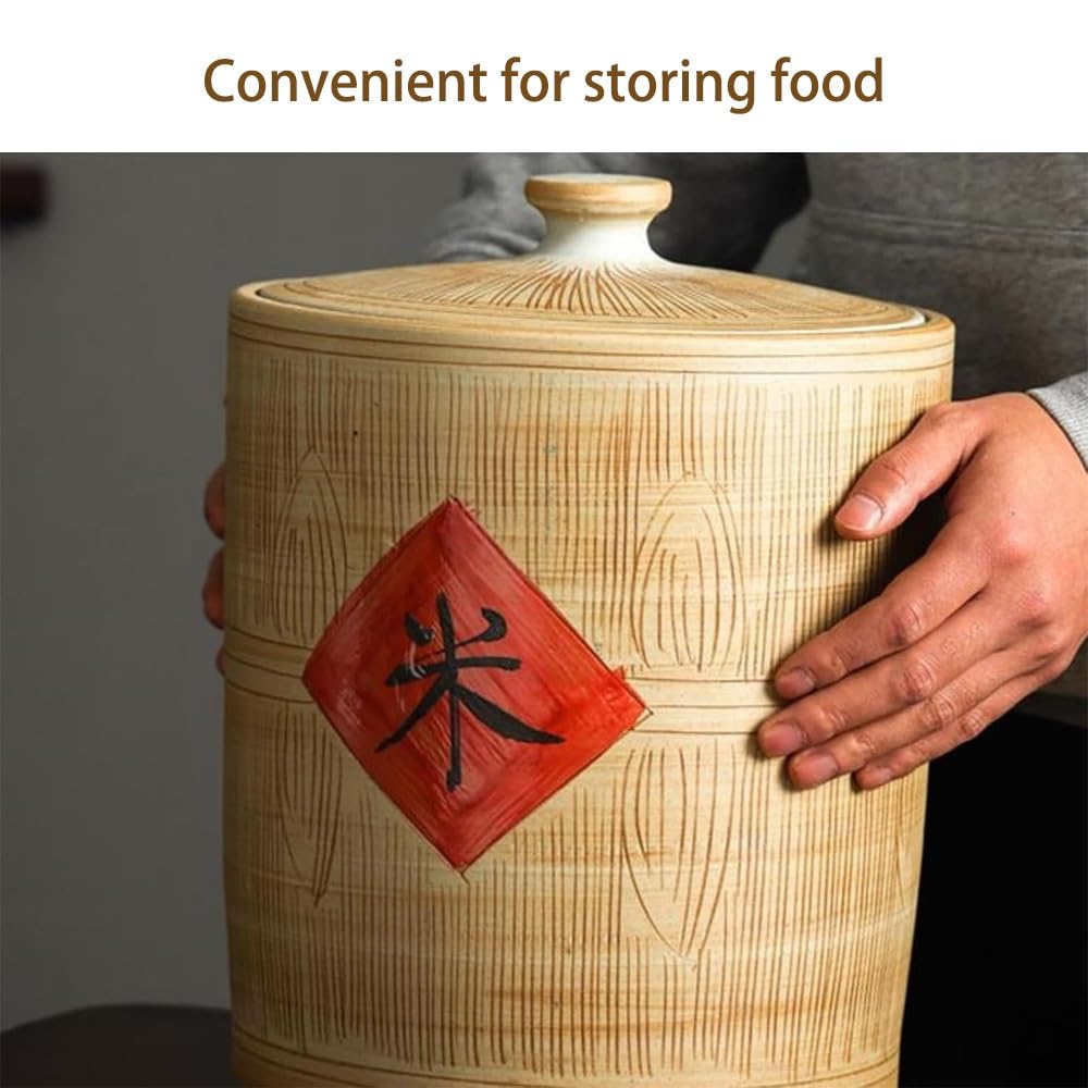Dispenser Per Cereali Contenitore Riso In Ceramica Con Coperchio | Vaso Di Riso Ceramica 10kg 20kg Réservoir De Stockage Domestique Pot De Rangement Alimentaire(20kg-27x50cm/10.6x19.7in)