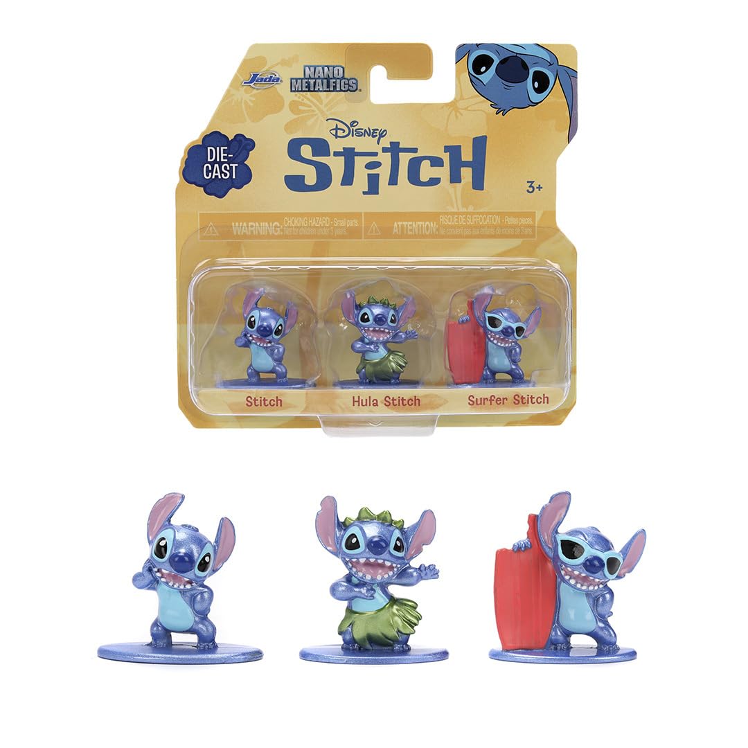 Toys Disney Stitch Figures (3 Pack) - Set of 3 Collectible Lilo & Stitch Figures (Stitch, Hula Stitch, Surfer Stitch), Nanometal Figures for Fans and Kids Ages 8 and Up, 4 cm