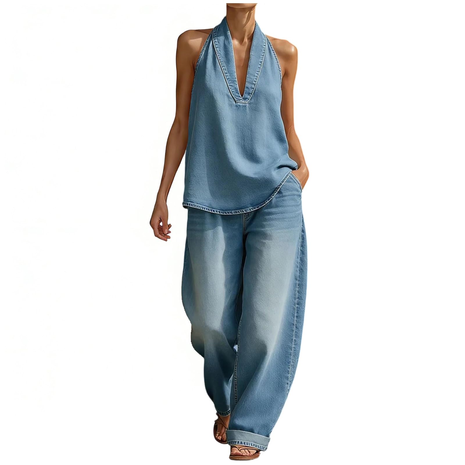 Générique Ensemble Femme 2 Pièces Été Denim, Top Licou Dos Nu Col V et Pantalon Large Fluide, Tenue Chic Bohème Moderne pour Vacances et Quotidien, Coupe Ample et Légère avec Poches