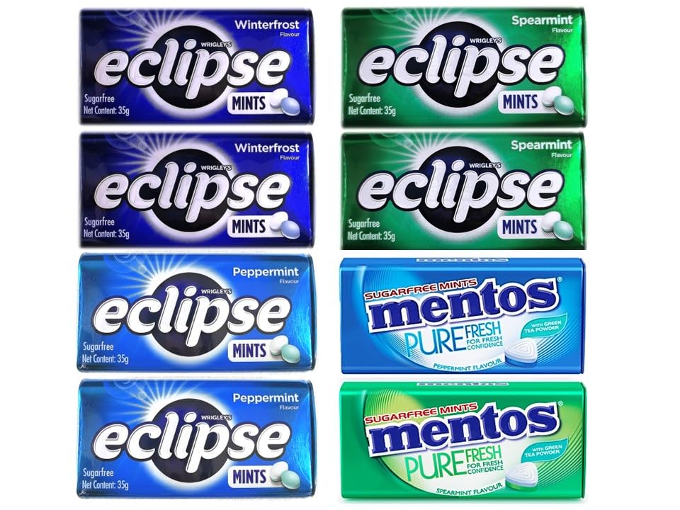 Eclipse sugarfree mints and purefresh sugarfree mints bundle - winterfrost, peppermint and spearmint total 8 tins suitable as gift pack