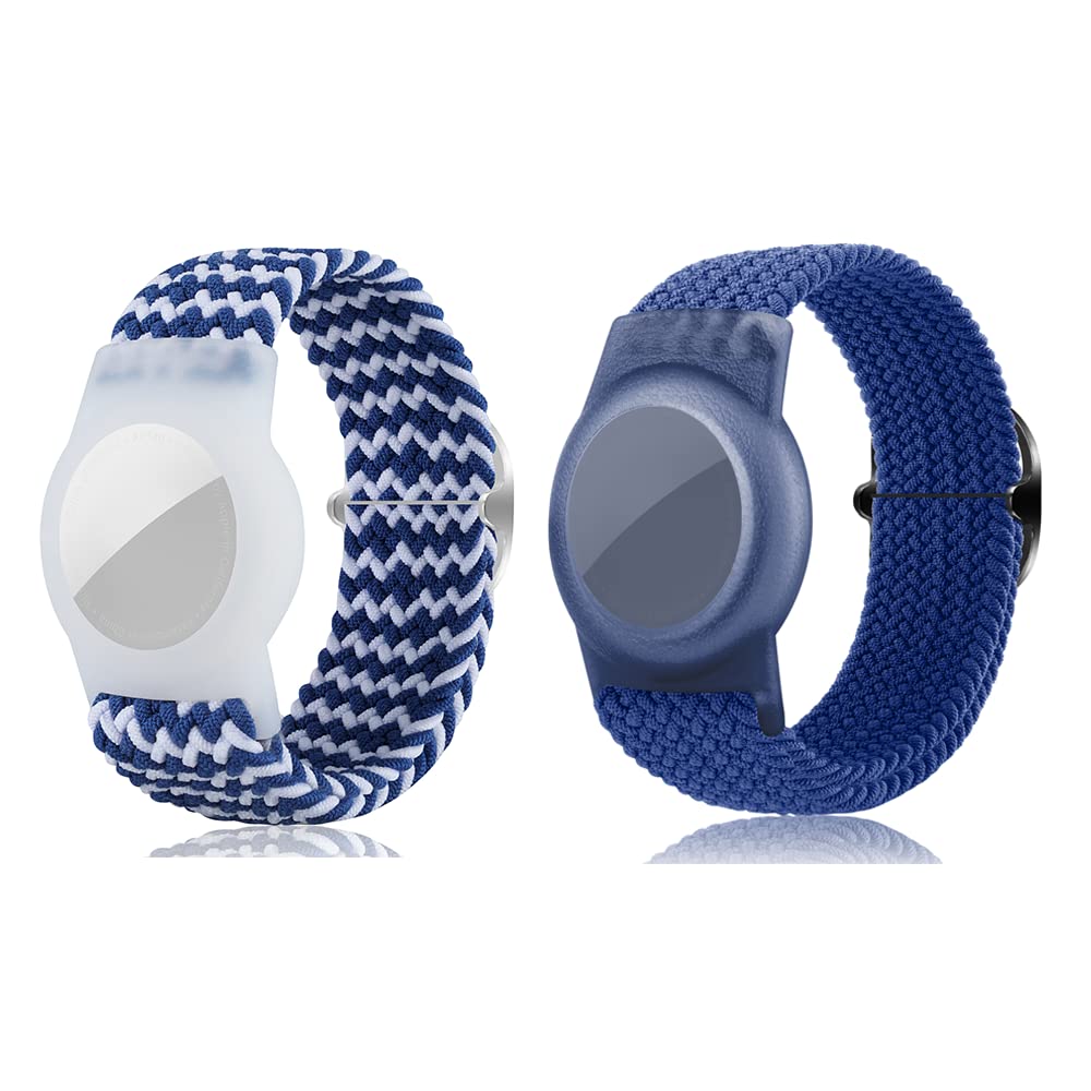 Yizhet 2 PCS Airtag Bracelet, Adjustable Size for 14.9-23.9cm, Soft Nylon Wristband for Adults, Kids, Toddlers, Elderly (Woven Blue White, Pure Blue)