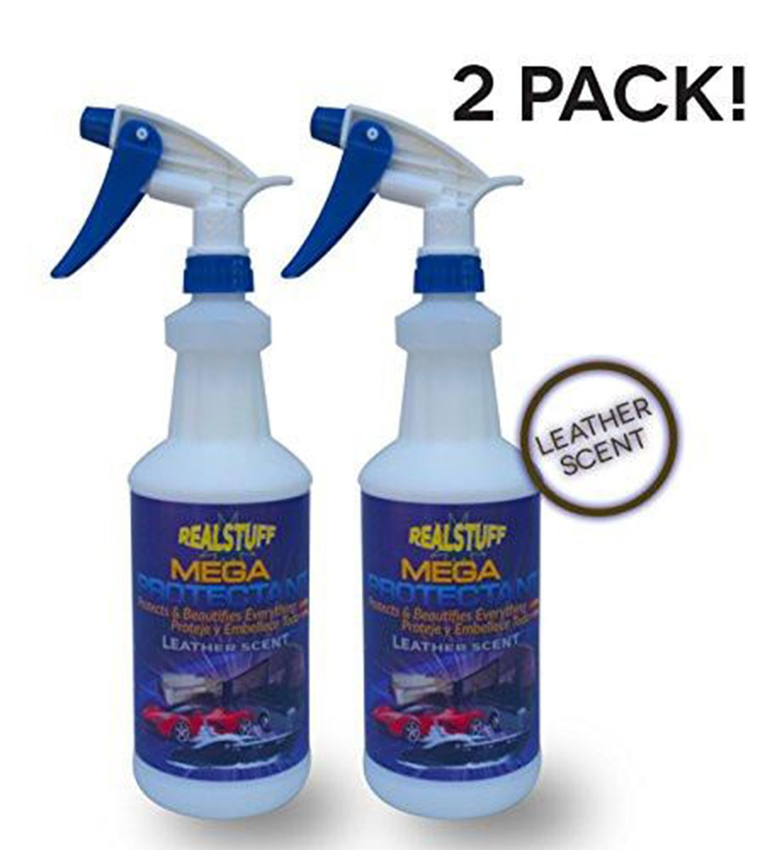 Real Stuff Vinyl, MEGA PROTECTANT (RS-0804-15) Restorer and Conditioner for Cars, Boats, RVs, Motorcycles and More with UV Rays Blockers and Leather Scent (32 oz - 2 Pack
