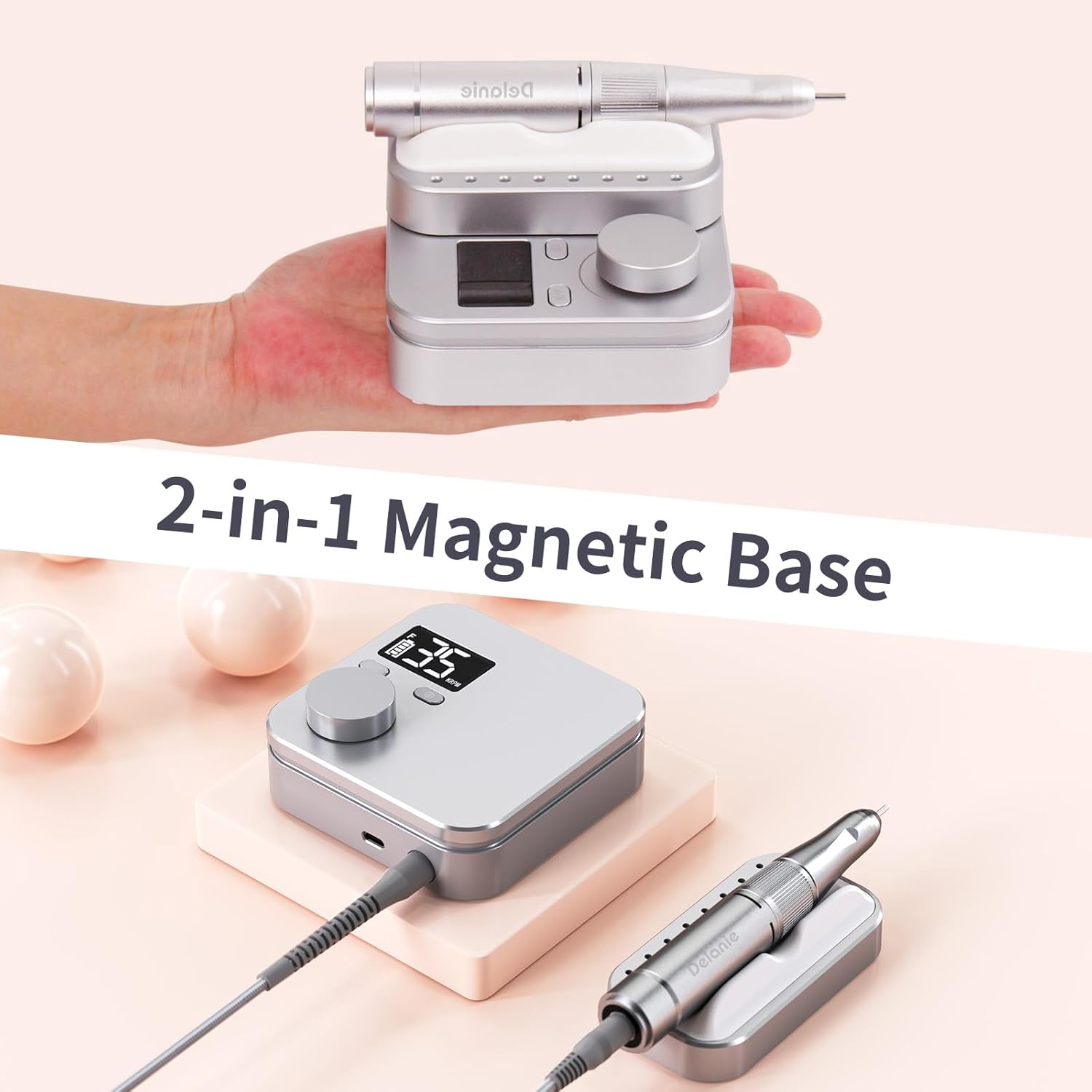 Delanie Electric Nail Drill Machine 35000 RPM, E File for Nails Professional with Magnetic Handpiece Holder, Rechargeable Electric Nail File with 7 bits & 36 Sanding Bands for Manicure Pedicure