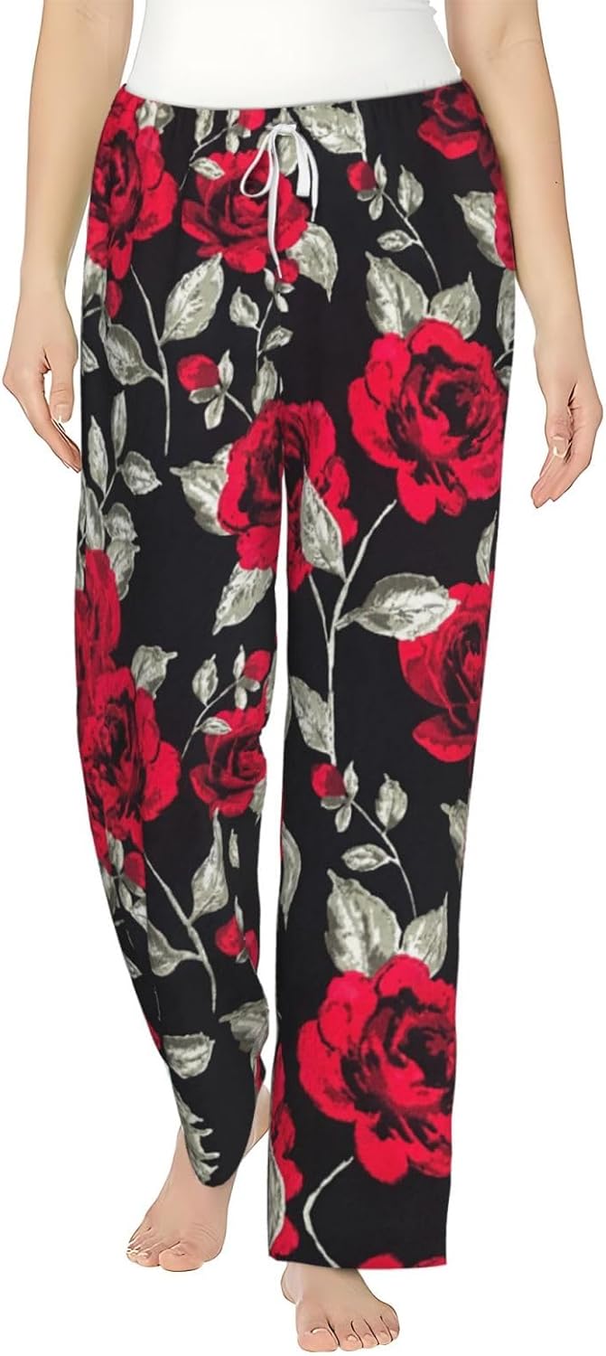 Red Rose Garden Print Cozy Flannel Pajama Pants For Women,Warm Christmas Pj Pants,Cute Fleece Pajamas